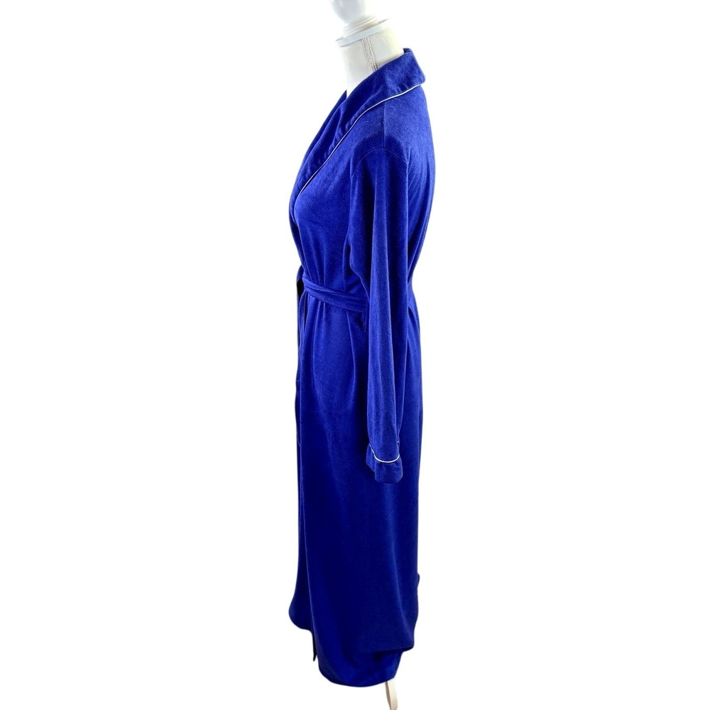Vintage Carole Blue‎ With White Piping Micro Fleece Long Robe Tie Waist Size M - Picture 2 of 10
